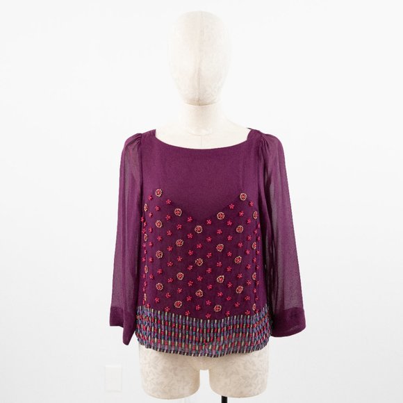 Anthropologie 6 Silk Floral Beaded Blouse Purple - Picture 2 of 10